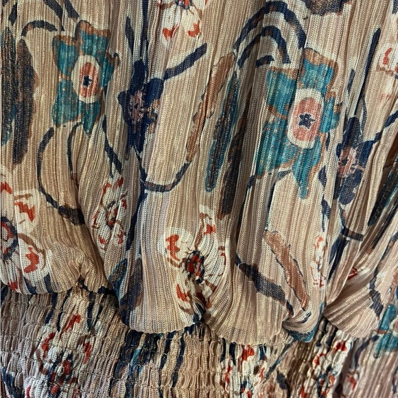 Floral Smocked Waist Long Sleeve Top - Beige/Teal - Picture 3 of 6